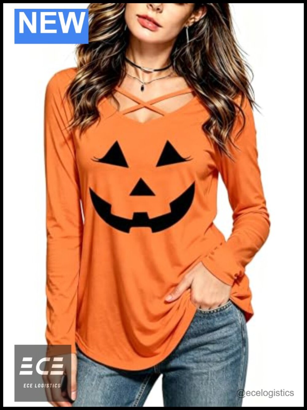 Halloween Shirt Women Criss Cross V-Neck Long Sleeve Casual Top